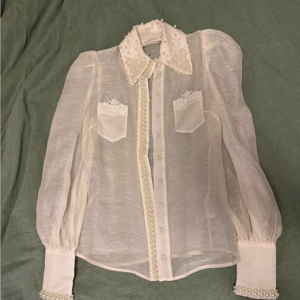 Zimmermann Elegant Sheer White Blouse with Pearl Details
